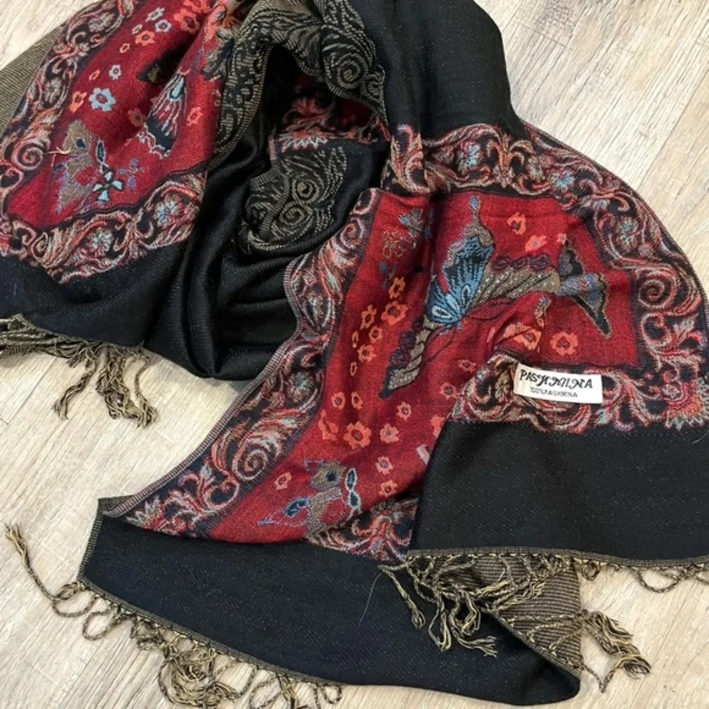 Pashmina, Red, Blue and Olive Colorblock Scarf Butterfly Pattern